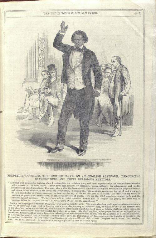 The abolitionist and escaped slave Frederick Douglass lectured throughout Britain and Ireland in the 1840s. This image appeared in The Uncle Tom’s Cabin Almanack, a British abolitionist pamphlet of 1852. Schomburg Center for Research in Black Culture/New York Public Library 
